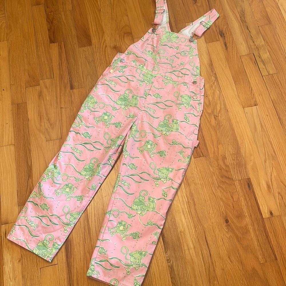 Lilly Pulitzer Overalls .Girls Size 8. Pink/Green Scuba Monkey. EUC